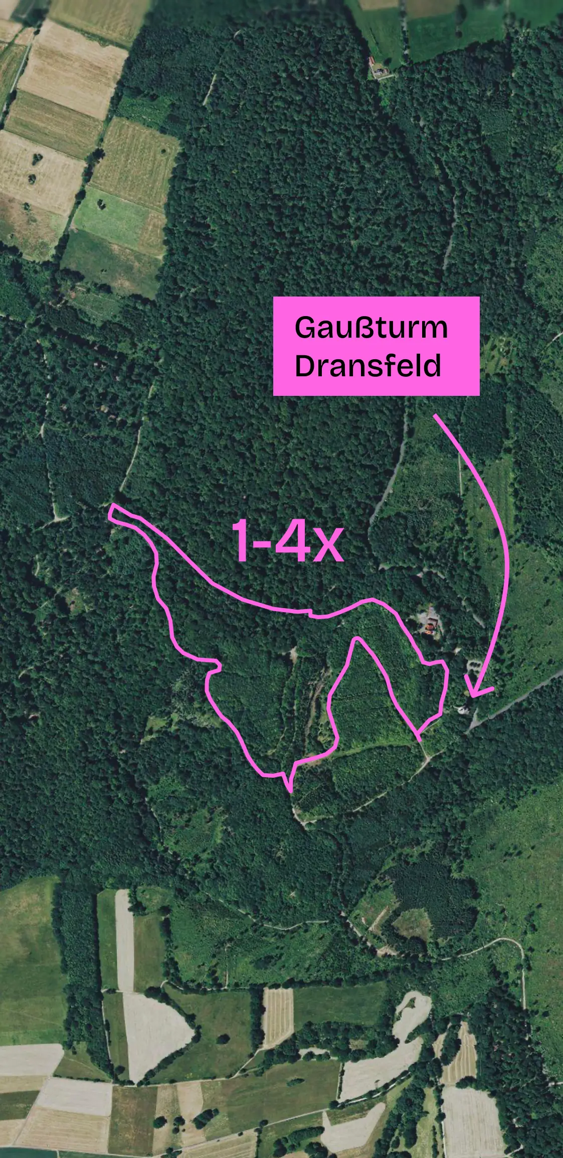 Satellitenbild des Hohen Hagen mit dem pink eingezeichneten Rundkurs durch den Steinbruch, beschriftet mit „1-4x“. Ein pinkes Schild weist den Gaußturm Dransfeld aus.